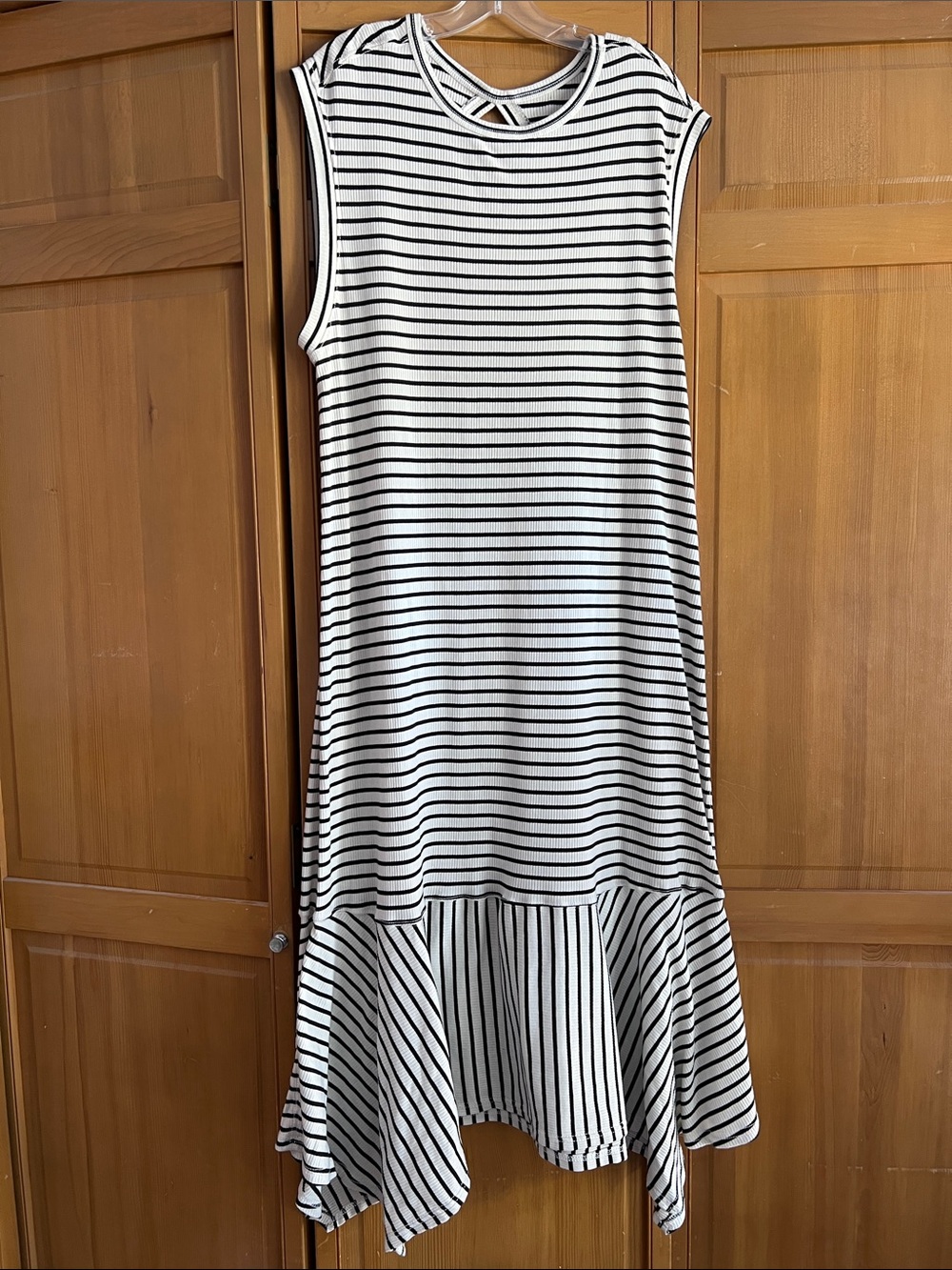 Anthropologie Navy and Cream Striped Backless Midi Dress with Flounce Hem